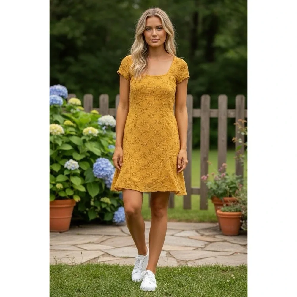 Free People Anthro Mustard Yellow Eyelet Dress Small Square Neck Cap Sleeve Boho
